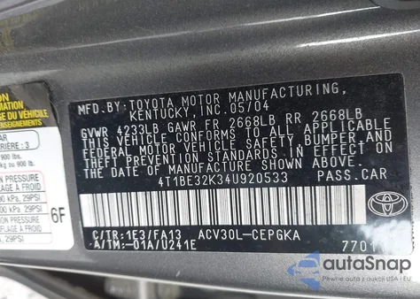 2004 Toyota Camry Xle z USA, uszkodzony, nr VIN 4T1BE32K34U920533